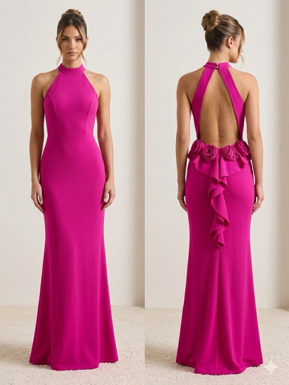 Fashion Nova Shakira Halter mermaid Dress fuschia sz S, ruffle backless romantic